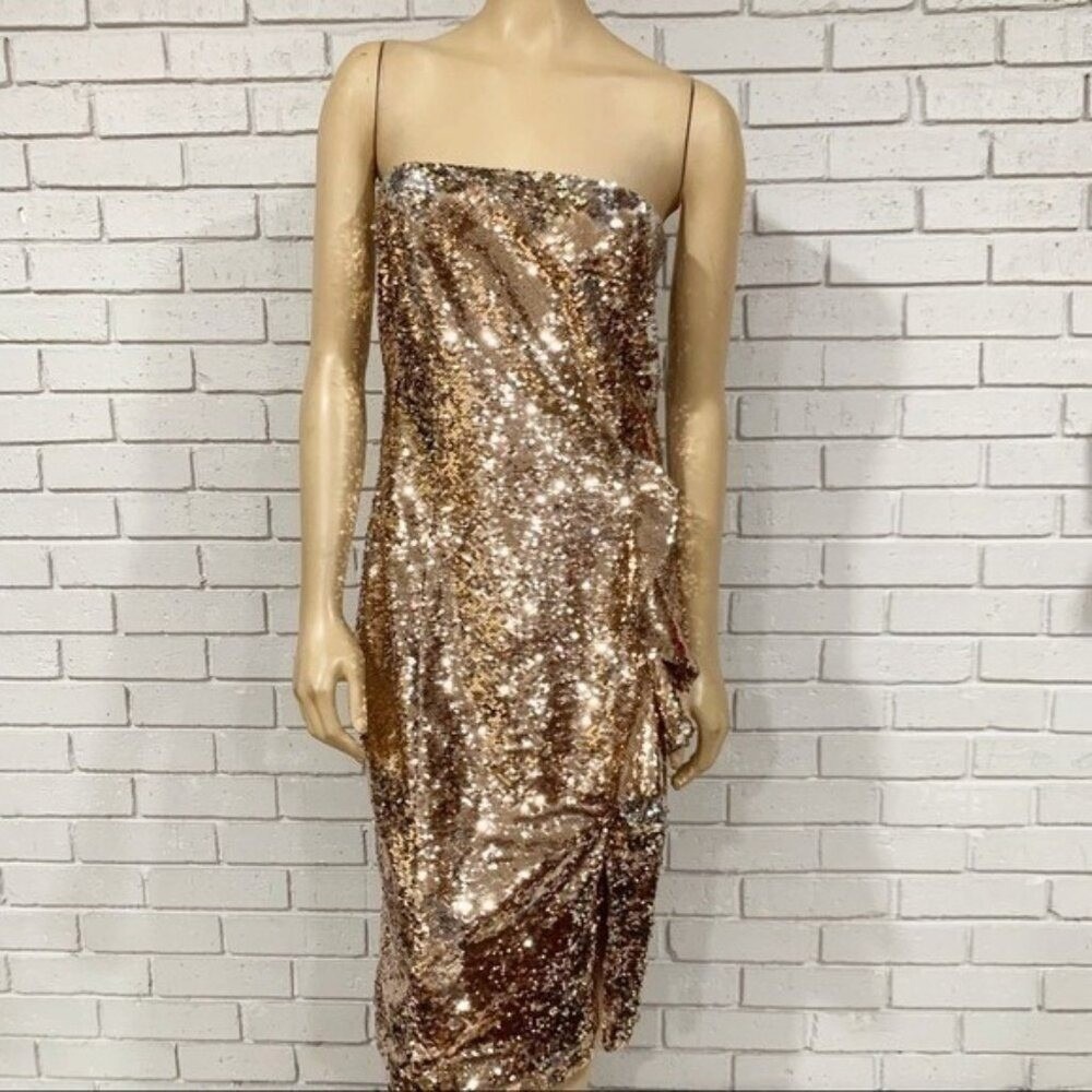Parker Black Gold Sequin Strapless Midi Cocktail Dress | Draped Slit | Size 8